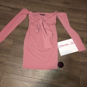 Blush off the shoulder dress.